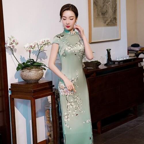 Long Cheongsam 2020 Spring Summer WomenS Dress Imitation Silk Short Sleeve Performance Cheongsam Daily Show Plus-Size Dress