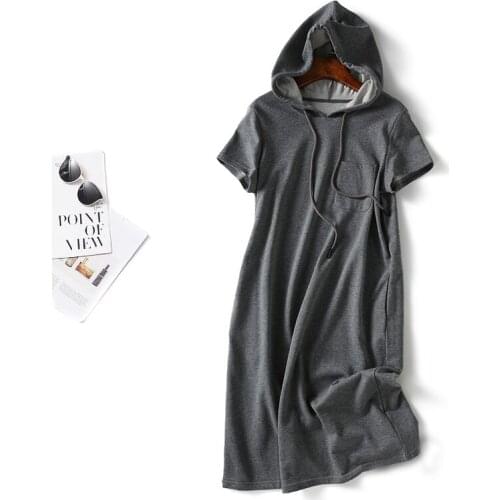 SURUFENG 2021 Short Sleeve Hooded Cotton Gray Skinny Maxi Dress Summer Autumn Women Fashion Streetwear Casual Outfits Robe