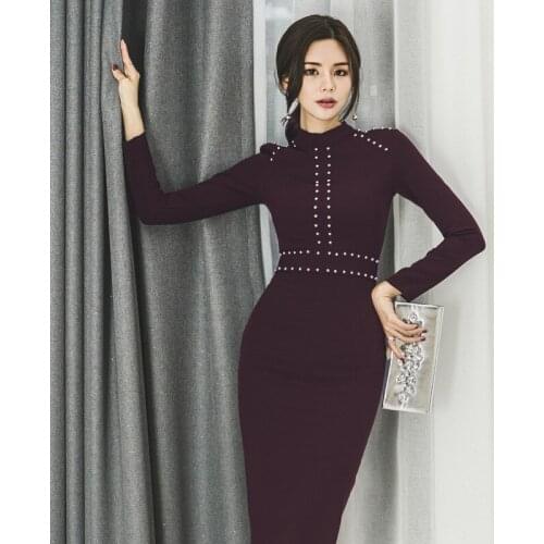 High Street Womens Clothes Beaded Dress Lady Long Sleeve Slim High Waist Dress Women Winter Red Bottom Bodycon Dresses Female