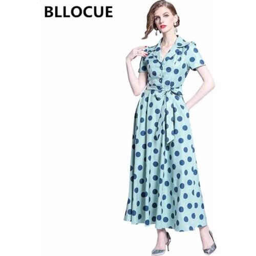 BLLOCUE 2020 Spring Fashion Runway Retro Dot Printed Shirt Dress Womens Short Sleeve Belted Vintage Print Holiday Long Dress