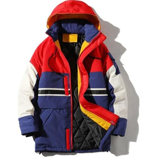 Winter Hong Kong Style Tooling Cotton Coats Mid-Long Contrast Color Couple Jacket Casual Loose Thicken Hooded Outwear Plus Size