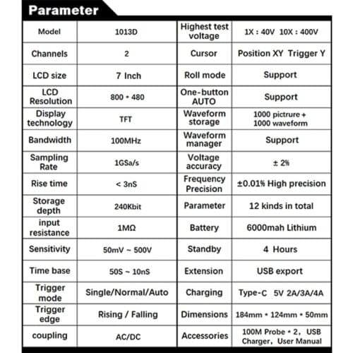 1013D Dual Channel 100M Bandwidth 1GS Sampling Rate Digital Tablet Oscilloscope 24BB