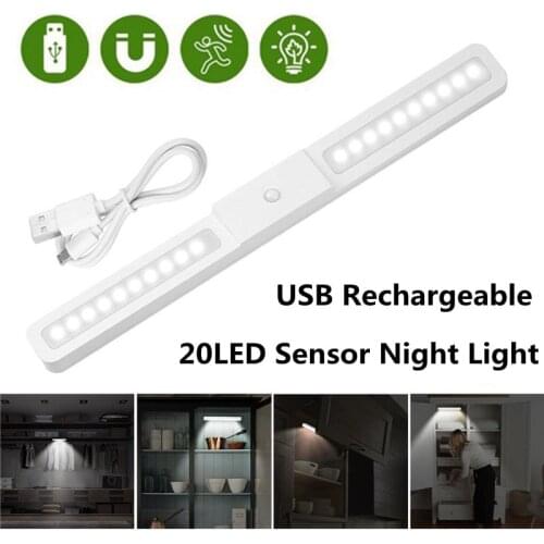 20 LED Night Light USB Rechargeable Infrared PIR Motion Sensor Light Lamp For Cabinet Closet Wardrobe Stair Kitchen Bedroom