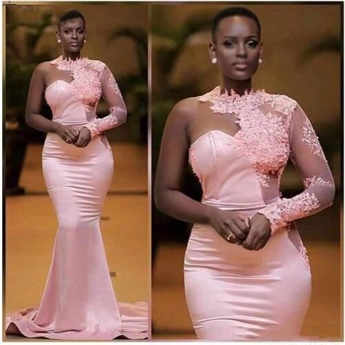 African Nigerian Black Girls Pink Mermaid Evening Dresses One Shoulder Long Sleeve Prom Dress Formal Party Gowns Reception