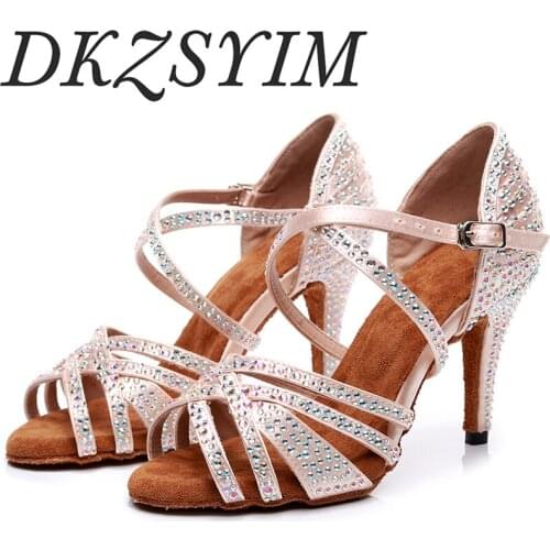 DKZSYIM New hot sale jazz salsa latin dance shoes dancing women urban sexy high heels summer rhinestone sandals 6-10 cm heel