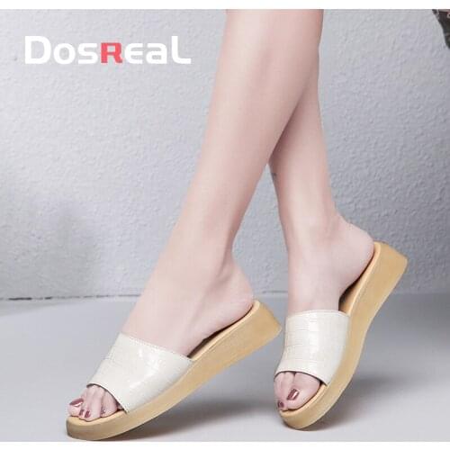 DOSREAL Women Leather Shoes Comfy Flat Platform Summer Ladies Casual Slip On Wedge Slides Soft Big Toe Foot Correction Sandals