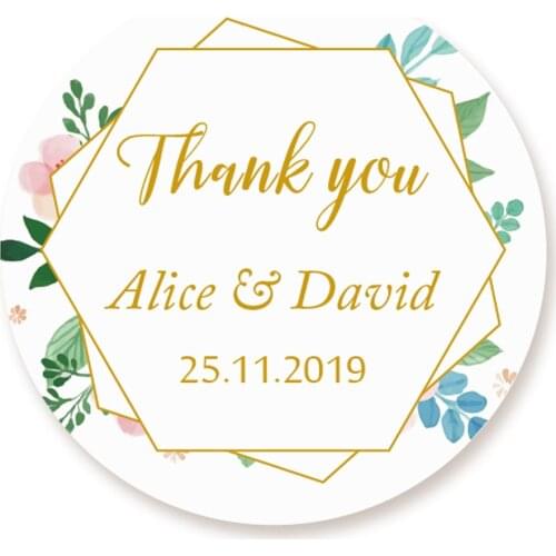 DouxArt 100pcs Personalized Wedding Stickers Thank You, 40mm Garland Wedding Favour Label Gift Package Seals - Add Names & Date