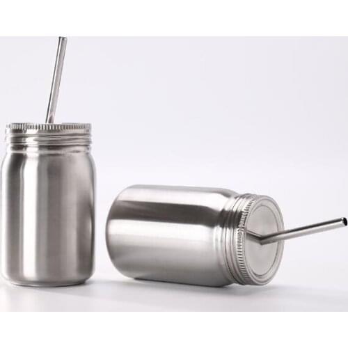 500ml Double Stainless Steel Mason Jar Mason Cup with Lid Straw Coffee Beer Juice Cup