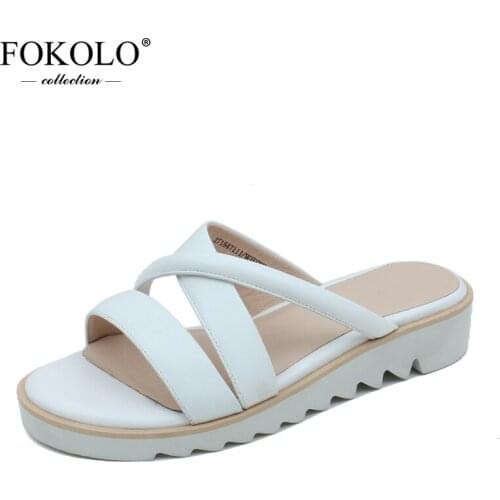 FOKOLO Fashion Slippers Women Simple and Soft Genuine Leather Material Ladies Summer Beach Flats Handmade 2020 Brand Shoes T2