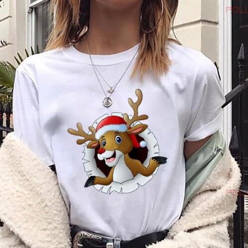 FIXSYS Ladies New Yeat Merry Christmas Tee Shirt Funny Reindeer Print Women T-Shirt Unisex Loose Size Casual New Fashion Tops