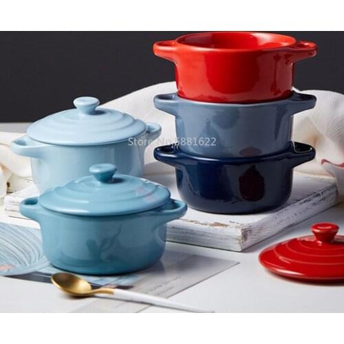 Ceramic Color glazed Double Ear Bowl with Lid Stew Breskfast Steamed Egg Pudding Bowl Baking bowl Kitchen Supply