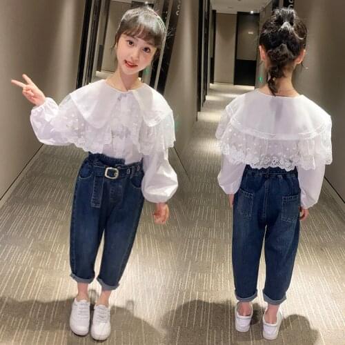 Kids Clothing Sets 2020 Teen Girl Autumn Childrens Sets White Lace Shirts + Denim Pants 2 Pcs Suit Girls Clothes 3 4 6 8 10 12Y
