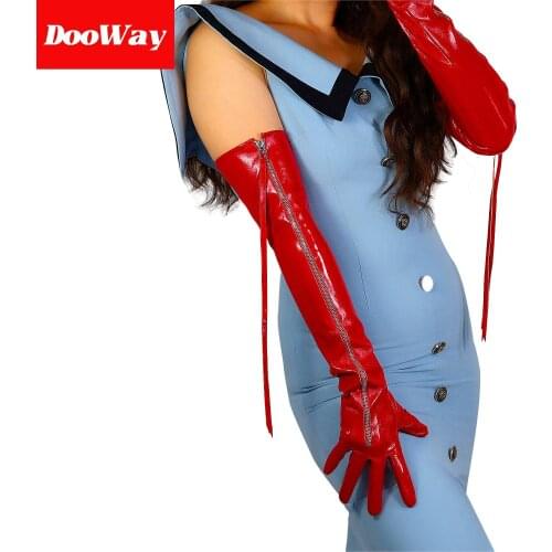 DooWay omen Opear Lenght Leather Gloves with Long Zipper Sleeve PU Shiny Red 24inches