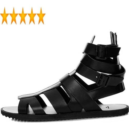 Summer Black 2021 Men Buckle Boots Genuine Leather Gladiator Sandals High Top Beach Sandalia Slides Plus Size 45