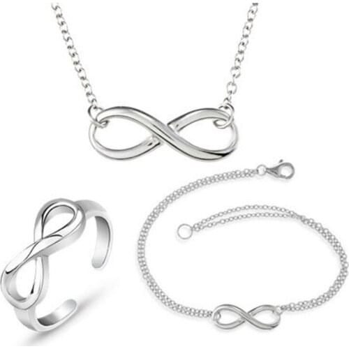 MIQIAO Silver Plated 8 Number Infinity Vintage Bangle Bracelet Pendant Necklace Ring Jewelry Set for Womem Wedding Couple Gift