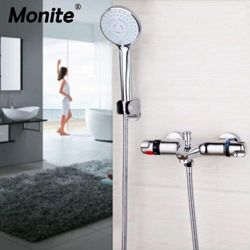 Monite Solid Brass Wall Mounted Thermostatic Mixer Taps Basin Faucet Set Exposed Hand Shower Faucet Chrome Brass Bathtub Sink