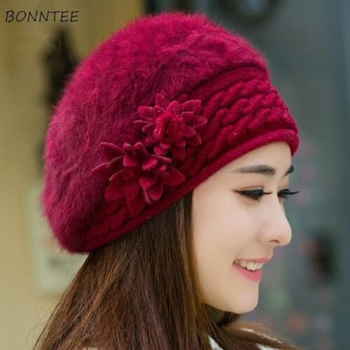 Beanies Women Floral Elegant Rabbit Fur Warm Soft Skullies Caps Trendy Womens Korean Style Casual Hats Plus Velvet All-match