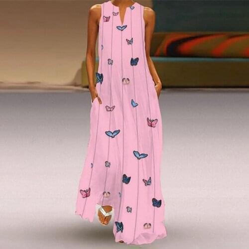Sleeveless V Neck Print Pocket Boho Casual Long Dress Women Summer Loose Daily Streetwear Plus Size Beach Party Dresses