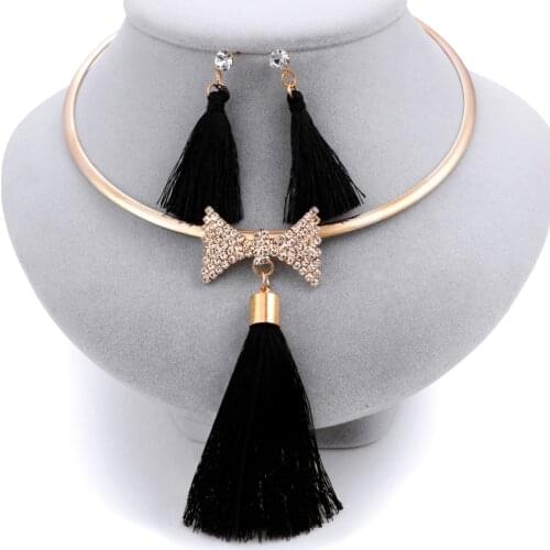 Wedding Jewelry Set Crystal Bow Necklace Earrings Gift For Womens Accessories Dropshipping Gold Chain Tassel Jewelry Sets