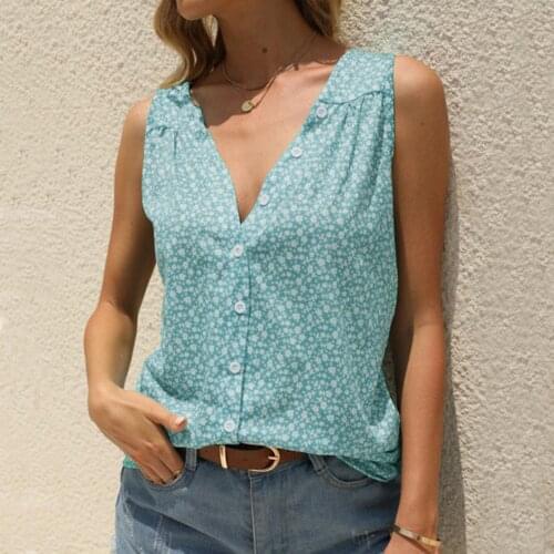 Elegant Floral Tank Blouse Womens Summer Sleeveless Floral Prints V-neck Button Tops Summer Casual Loose Tee Shirts Blouse