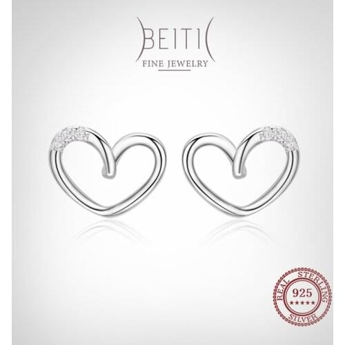 Beitil Real 925 Sterling Silver Fashion Romantic Clear CZ Heart Stud Earrings For Women Girls Anti-allergy Fine Jewelry Gift