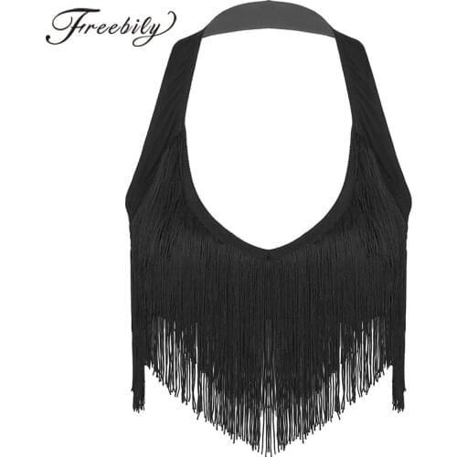 Women Fringe Tassel Halter Crop Top Sexy Latin Belly Dance Tops Cha-Cha Rumba Salsa Ballroom Costume Stage Clothing Club Wear