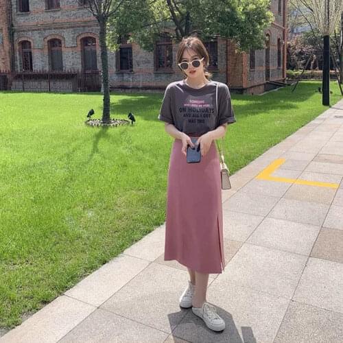 Womens Summer Sweet Half-length Skirt Suit Female 2021 New Gray Short-sleeved + Pink Half-length Skirt Two-piece Set