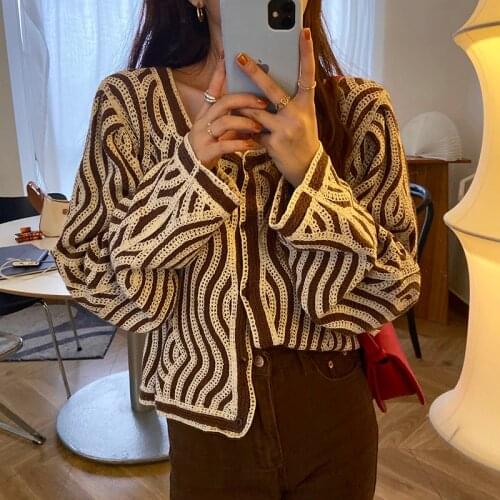 Alien Kitty Korean Sweater Casual Cardigan 2020 Women Knitwear Striped Autumn Loose Retro Coat Soft Short Knitted Tops