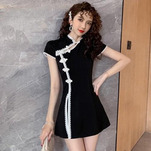 Fashion Plus Size Women Chinese Improved Cheongsam Dress Two Pieces Lining Shorts Sexy Split Black A Line Dress Mini Slim Dress