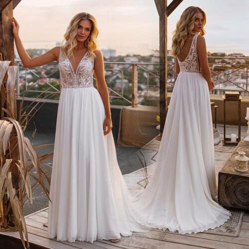2021 Sexy Beach Wedding Dress Floor-Length A-line V Neck Applique White Chiffon Bridal Gown Vestidos De Novia Vestido