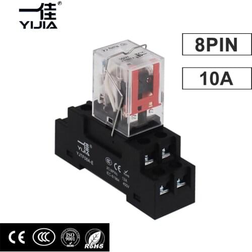 8pin DPDT 10A High Power Coil Mini Electromagnetic Relay Switch With Socket Base AC 110V 220V 380V DC 12V 24V HH62P LY2NJ