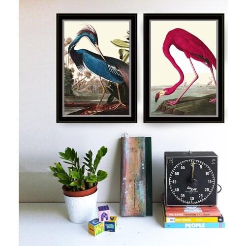 Audubon Pink Birds Blue Heron Birds Print Beautiful Antique Vintage Illustration Picture Drawing Home Room Wall Decor NO Frame