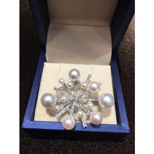 Natural akoya sea water pearl brooch & pendant double use 18K white gold with diamond fireworks brooch different pearl size