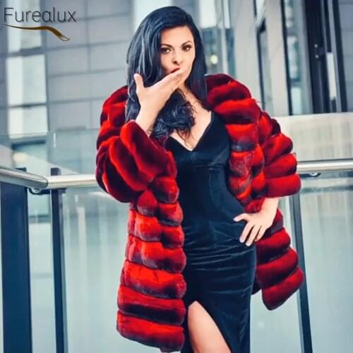 FUREALUX New Natural Real Rex Rabbit Leather Fur Coat High Quality Winter Womens Full Rabbit Fur Fashion Striped Lapel Clothing