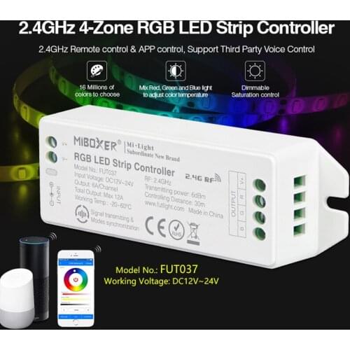 FUT037(upgrade)2.4GHz 4-Zone RGB Controller DC12~24V dimmable led driver 6A/Channel can remote/voice control for RGB led Strip