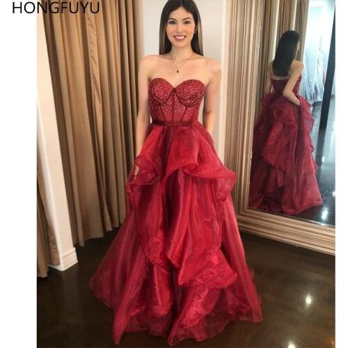 HONGFUYU Sweetheart A Line Prom Party Dresses for Women Ruffled Organza gala jurken Dress Evening Gowns robe de soiree Crystals