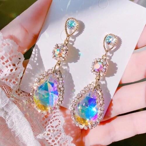 Korean Elegant Luxury Waterdrop Crystal Temperament Dangle Earrings For Women Fashion