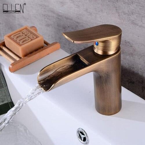 Bathroom Waterfall Basin Sink Faucet Hot and Cold Water Mixer Crane Antique Bronze Faucets Deck Mounted Single Handle ELF1307