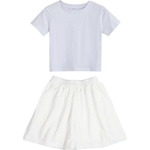 Summer Girls Two-piece Suits Sexy Cotton Tops for Women Pant Sets Feminina Short Sleeve O-Neck T Shirts Harajuku Croped T Shirt