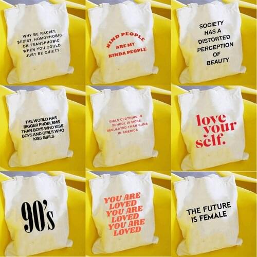 Fashion Love Yourself Canvas Shopping Tote Bag Pouch Harajuku Ulzzang Vintage Large Capacity Women Shoulder Bags Eco Foldable