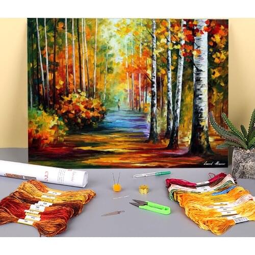 Forest Road Printed 11CT Cross-Stitch Set Embroidery DMC Threads Handiwork Hobby Knitting Painting Design Package Decor