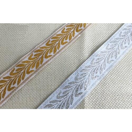 NEW 25MMX10Yard Polyester Woven Jacquard Ribbon Gold and silver willow Geometric pattern for curtain and clothing accessory