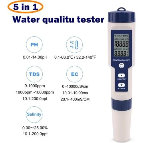 5 In 1 PH/TDS/EC/Salinity/Temperature Tester Pen Professional Digital Water Tester Waterproof Multi-Function Meter