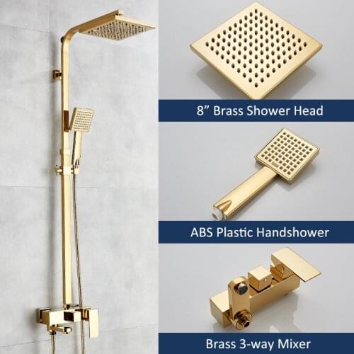 Vidric Luxury Gold Shower Faucet Set Brass Rainfall Shower 3-way Mixer Tap Wall Mount Bath Shower System Kit Swivel Tub Shower F