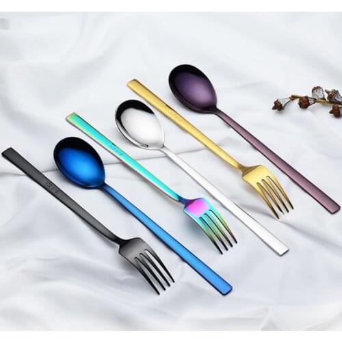 Fine Stainless Steel Cake Fruit Spoons Stainless Steel Square Handle Dessert Fork Soup Spoons Kitchen Outdoor Cutlery Flatware