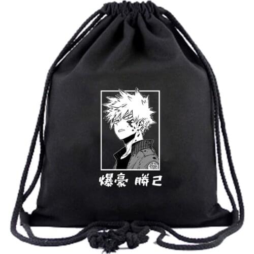 Drawstring Bag Anime My Hero Academia Todoroki Shoto Bakugou Katsuki Japanese Fashion Black Portable Pouch For Boys Girls