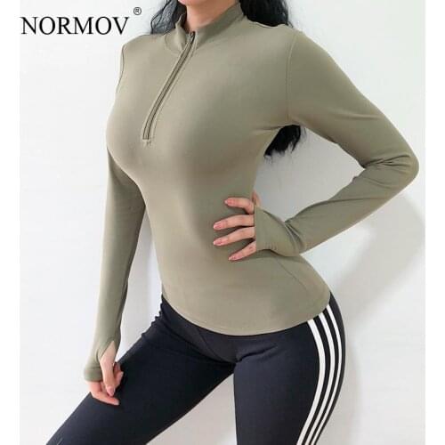 NORMOV Tops Women 2020 Long Sleeve Sport Gym V-Neck Sports Wear Top Women Solid Color Zipper Running t Shirt Women