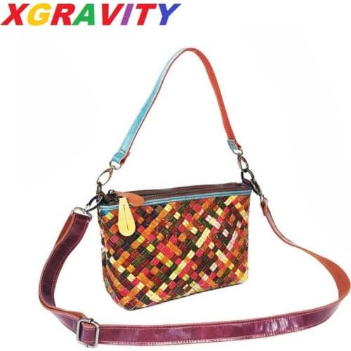 XGRAVITY Luxury Branded Knitted Cow Genuine Leather Fashion Bags Colorful Weave Ladies Messenger Bags Mix Color Female Handbags