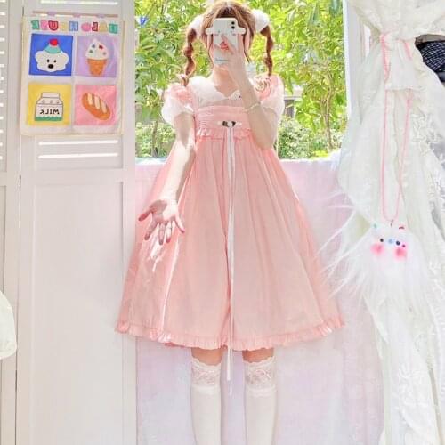 Japanese Soft Girl Kawaii Dress Sweet Cute Bow Lace Up Flying Sleeves Lolita Strap Dresses Pink Sleeveless Midi Dress Women Loli