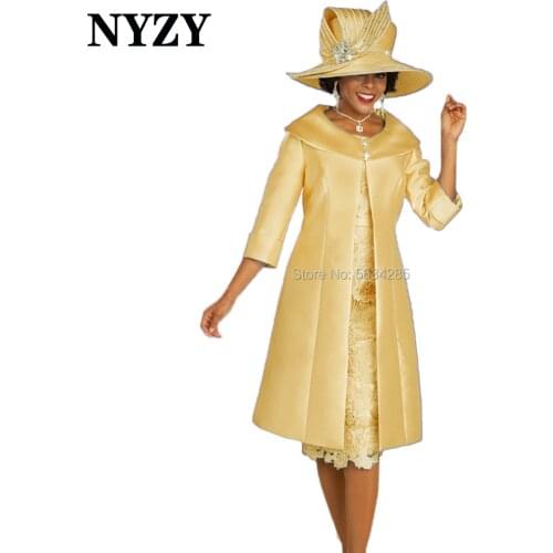 Yellow 2 Piece Mother of the Bride Groom Lace Dresses with Jacket Coat 2020 NYZY M336F Wedding Party Dress Cocktail Church Suits